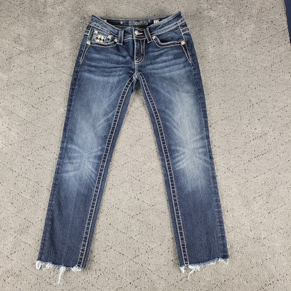 Miss Me Jeans Womens 27 Blue Mid Rise Skinny Dark Wash Rhinestones Raw Hem